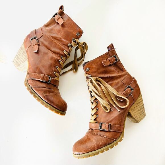 ANTHROPOLOGIE Brown Tan Lace Up Combat Booties Ankle Boot Buckle Zipper Heels 9 - Picture 4 of 16